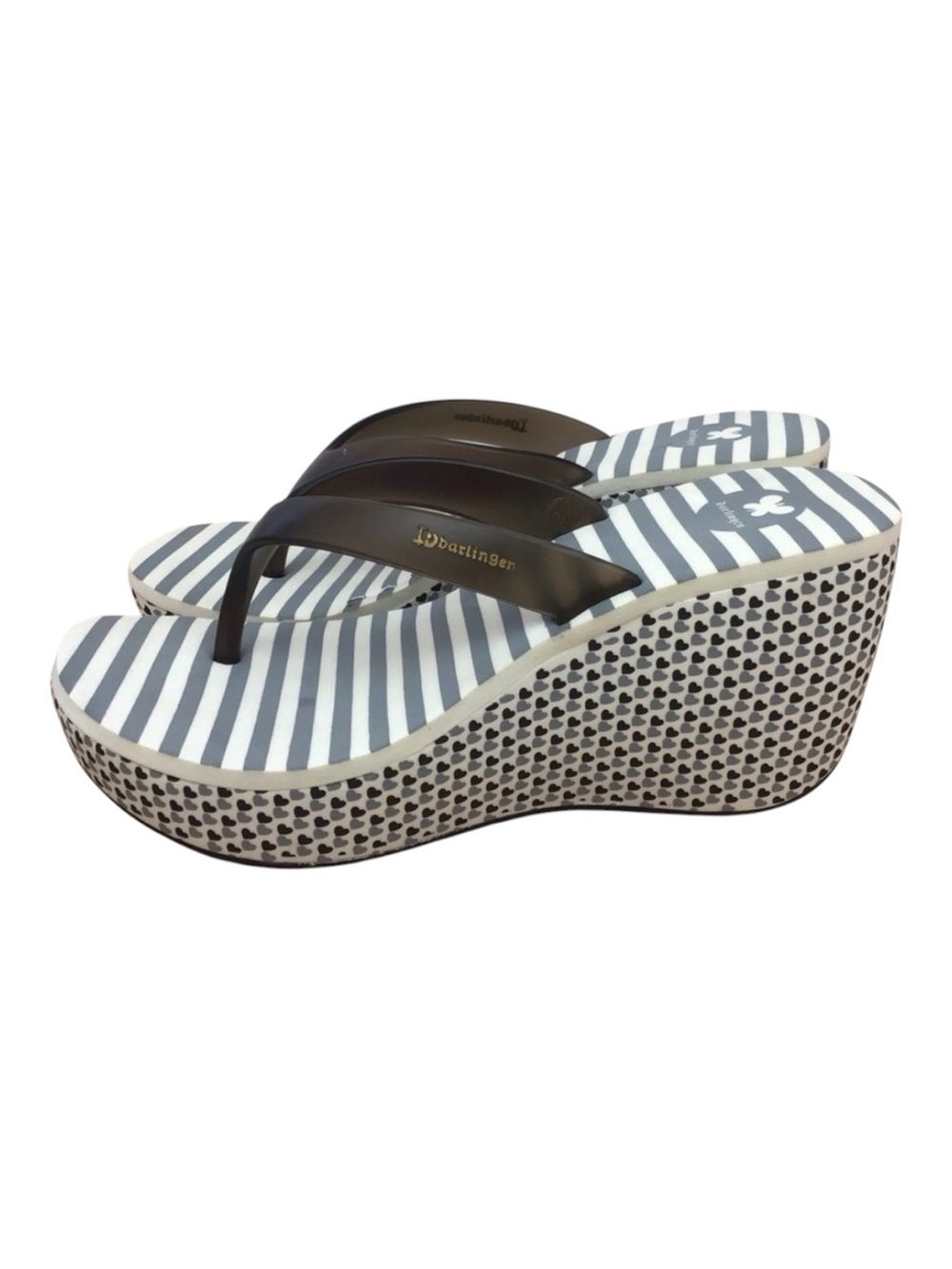 Darlingen flip flop wedges sandals striped grey withe black hearts pattern